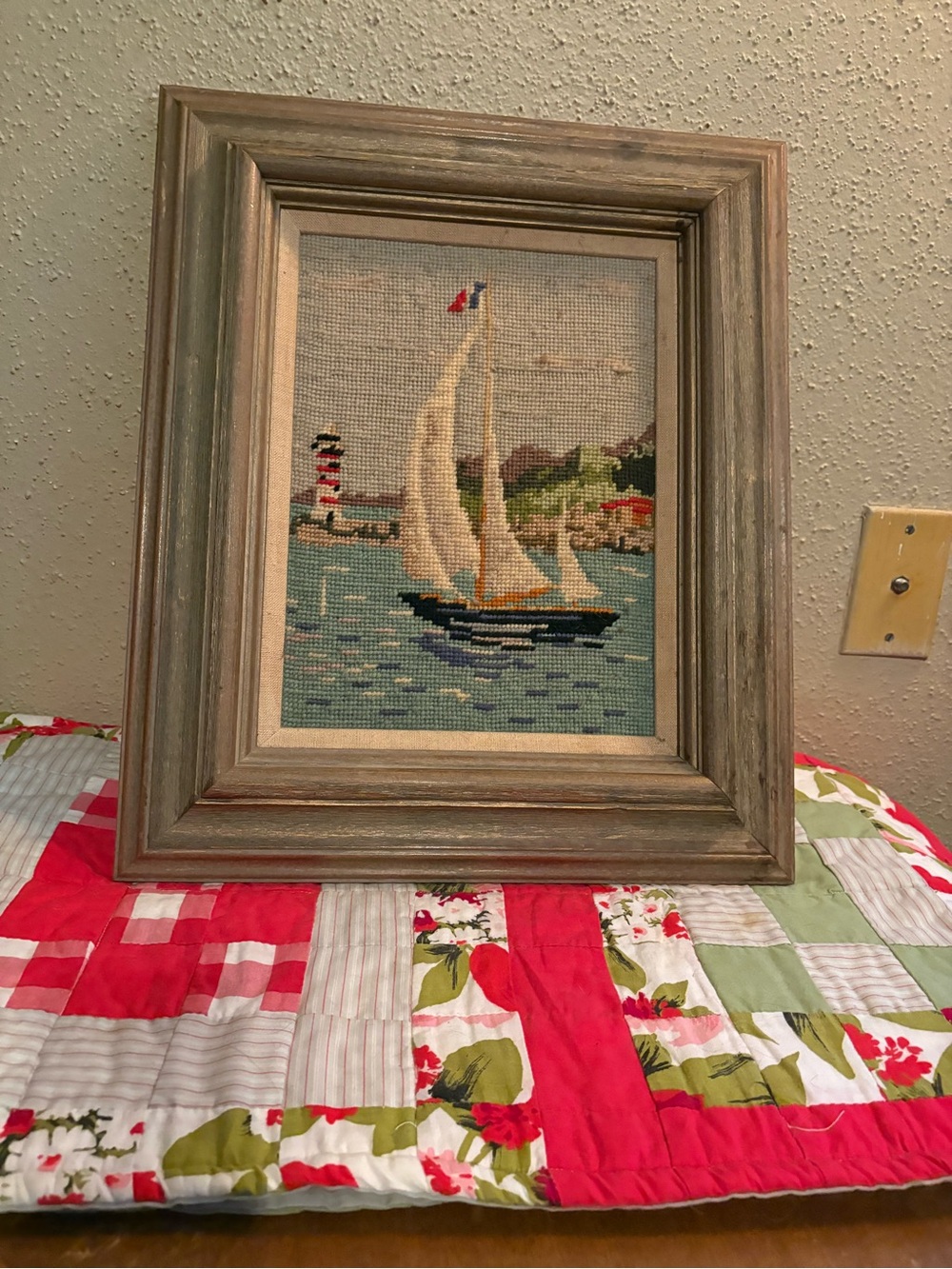 Vintage Framed Nautical Sailboat Cross-Stitch Wall Art - Beige/Blue